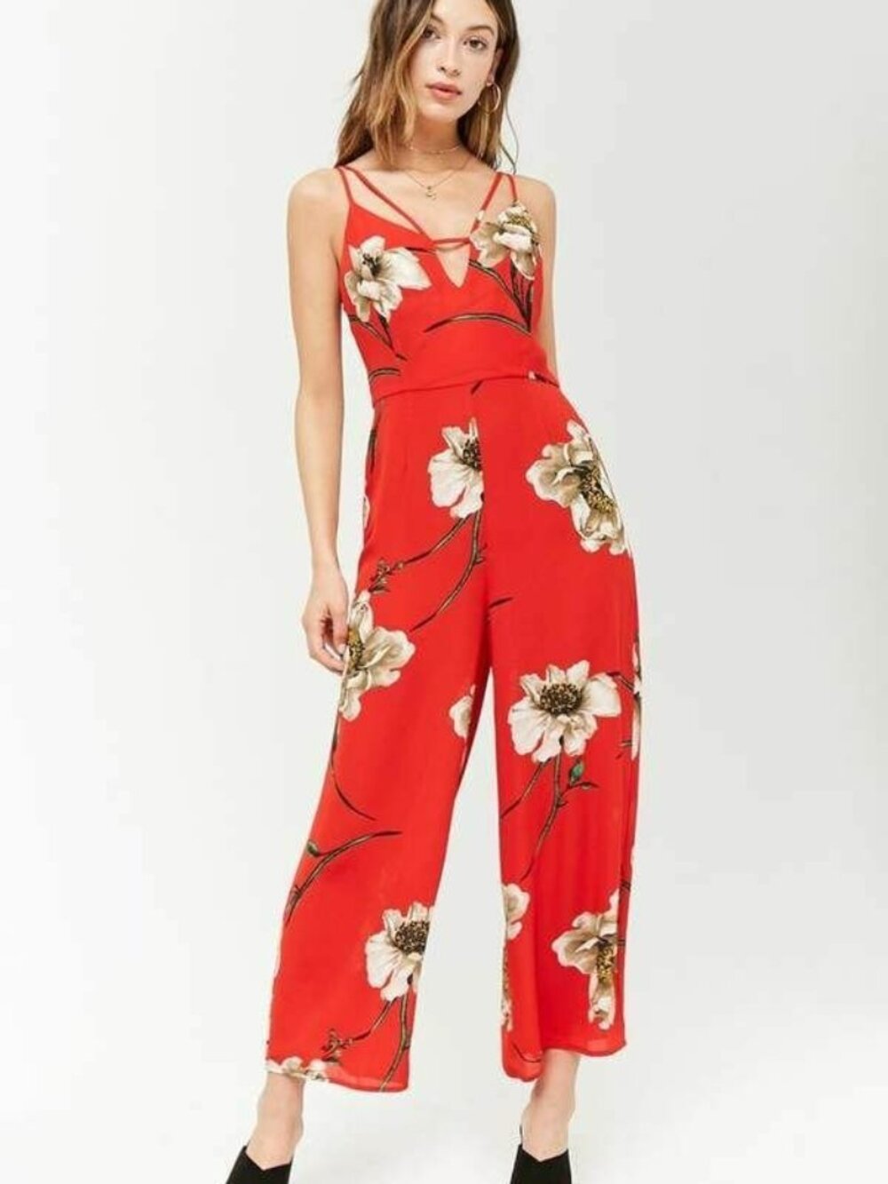 Forever 21 Red Taupe Floral Culotte Jumpsuit Small S